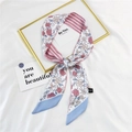 Pink floral and striped silk twilly hair scarf for women displayed on white fabric - 1D Striped Swirl Flower