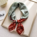 Silk-like square scarf featuring mint green and caramel red contrast with grid patterns - 2 Red Grid Box