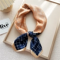 Fashionable silk scarf with orange and navy color blocking and white plaid pattern - 1 Navy Grid Box