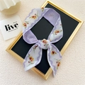 Elegant purple floral lattice skinny scarf with vintage polka dots tied on display - Purple Flower Diamond Dot