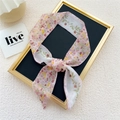 Pink floral skinny silk scarf with delicate small flower print for hair or neck bag - Pink Water Wave Flower