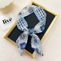 Narrow light blue silk scarf featuring deep blue floral prints and diamond patterns - Blue Large Flower Diamond