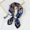 Floral print square silk scarf with blue and red geometric borders for women - Black Floral Grid Patchwork (1 Floral Grid Black)