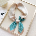 Square silk scarf with champagne and green grid pattern tied in a stylish knot - 4 Cyan Grid Box