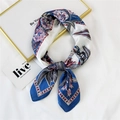 Floral square silk scarf in navy blue and burgundy, folded in a stylish ring shape - Blue Floral Grid Patchwork (4 Floral Grid Blue)
