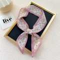Narrow floral skinny scarf in white and pink chiffon for neck and bag accessories - Pink Yellow Flower