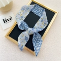 Narrow floral skinny scarf in light blue with lavender print and dotted details - Blue Floral Velvet