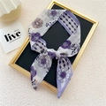 Narrow silk scarf with purple floral and diamond patterns for neck or bag handle - Purple Large Flower Diamond