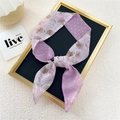Pink floral and polka dot skinny silk scarf tied as a decorative bag handle ribbon - Pink Flower Small Dot