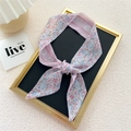 Narrow pink floral scarf tied in a bow, stylish accessory for neck or handbag handle - Pink English Floral