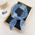 Blue skinny silk scarf with double-sided floral and cherry print for bag or neck - Blue Small Cherry