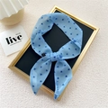 Light blue narrow silk scarf with navy heart pattern and logo for hair or bags - Blue Small Heart