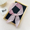 Pink double-sided silk ribbon scarf with floral and cherry patterns tied in a bow - Pink Cherry