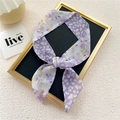 Narrow lavender floral silk scarf with yellow abstract patterns and decorative knots - Purple Floral Velvet