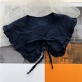 Navy blue cotton linen shawl collar with ruffled edges and elegant bow tie detail - Navy Blue Tiered Collar