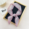 Pink daisy floral narrow silk scarf and hair tie for women with elegant French style - Pink Double-Sided Daisy