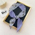 Purple floral and polka dot skinny silk scarf tied as a bow for neck or bag - Purple Flower Small Dot