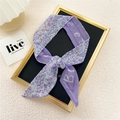 Floral purple skinny silk scarf with sweet lettering displayed in a luxury gold frame - Purple English Floral