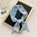 Light blue floral skinny scarf with polka dots and geometric prints for neck or bag - Blue Flower Diamond Dot