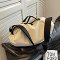 Creamy white oxford boston bag with black handles and adjustable wide strap - White