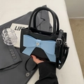 Black small square crossbody bag with light blue bow and heart-shaped rhinestone - Black with Blue