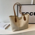 Minimalist cream white leather tote bag with brown handles and zipper closure - Rice White (No Pendant)