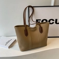 Khaki large tote bag with brown handles and white double-line stitching detail - Khaki (No Pendant)
