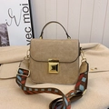 Khaki faux leather crossbody bag with wide striped strap and golden buckle clasp - Khaki