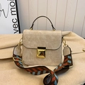 Structured beige crossbody bag with wide geometric woven strap and gold buckle - Off-white