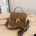 Brown vintage faux leather crossbody bag with wide striped strap and gold buckle - Brown