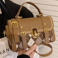 Sac bandoulière vintage en cuir marron et toile à carreaux avec détails dorés - Épissage à Losanges (Brun) / Marron