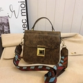 Retro brown textured square handbag with gold buckle and colorful geometric wide strap - Brown