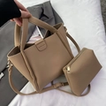 Khaki leather bucket bag set with litchi texture and matching small zipper pouch - Shoulder Bag Set / Khaki