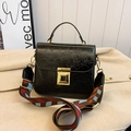 Black crinkle leather crossbody bag with vintage gold clasp and colorful wide strap - Black