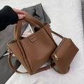 Brown litchi pattern bucket bag with matching pouch and golden hardware set - Shoulder Bag Set / Brown
