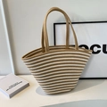 Brown and white striped woven tote bag with durable thick rope handles for summer style - Khaki