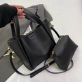 Black pebbled leather bucket bag set with matching pouch and golden hardware - Shoulder Bag Set / Black
