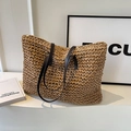 Handgewebte Stroh-Shopper-Tasche mit braunen Ledergriffen für den Sommerurlaub - Braun