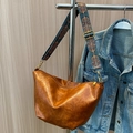 Brown leather hobo bag with ethnic geometric patterned wide shoulder strap - Brown