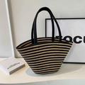 Woven tote bag featuring black and beige stripes with round handles and a trapezoid shape - Black