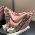Pink soft leather large tote bag with vintage bohemian wide strap and gold hardware - Pink