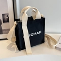 Minimalist black canvas tote bag with contrast beige wide straps and SH CHAO print - Black