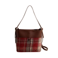 Sac seau rétro en cuir marron et tweed à carreaux avec bandoulière réglable - Carreaux Rouges