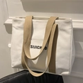 Bolso tote minimalista de lona blanca con asas caqui y detalle de letras sijicho - Blanco