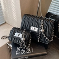 Chic black quilted leather crossbody bags with silver chain straps in two sizes - 20cm x 14cm x 6cm / Black Large