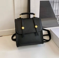 Classic black PU leather backpack for women featuring gold rivets and flap closure - No Pendant / Black