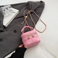 Pink quilted bucket bag with gold chain strap placed on grey blazer and book - Small / Pink