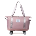 Pink large capacity oxford travel bag with rolling wheels and expandable bottom - Pink