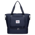 Navy blue quilted oxford tote bag with large capacity and bottom shoe compartment - Blue