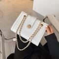 White crocodile pattern shoulder bag with round wood buckle and gold chain strap - White